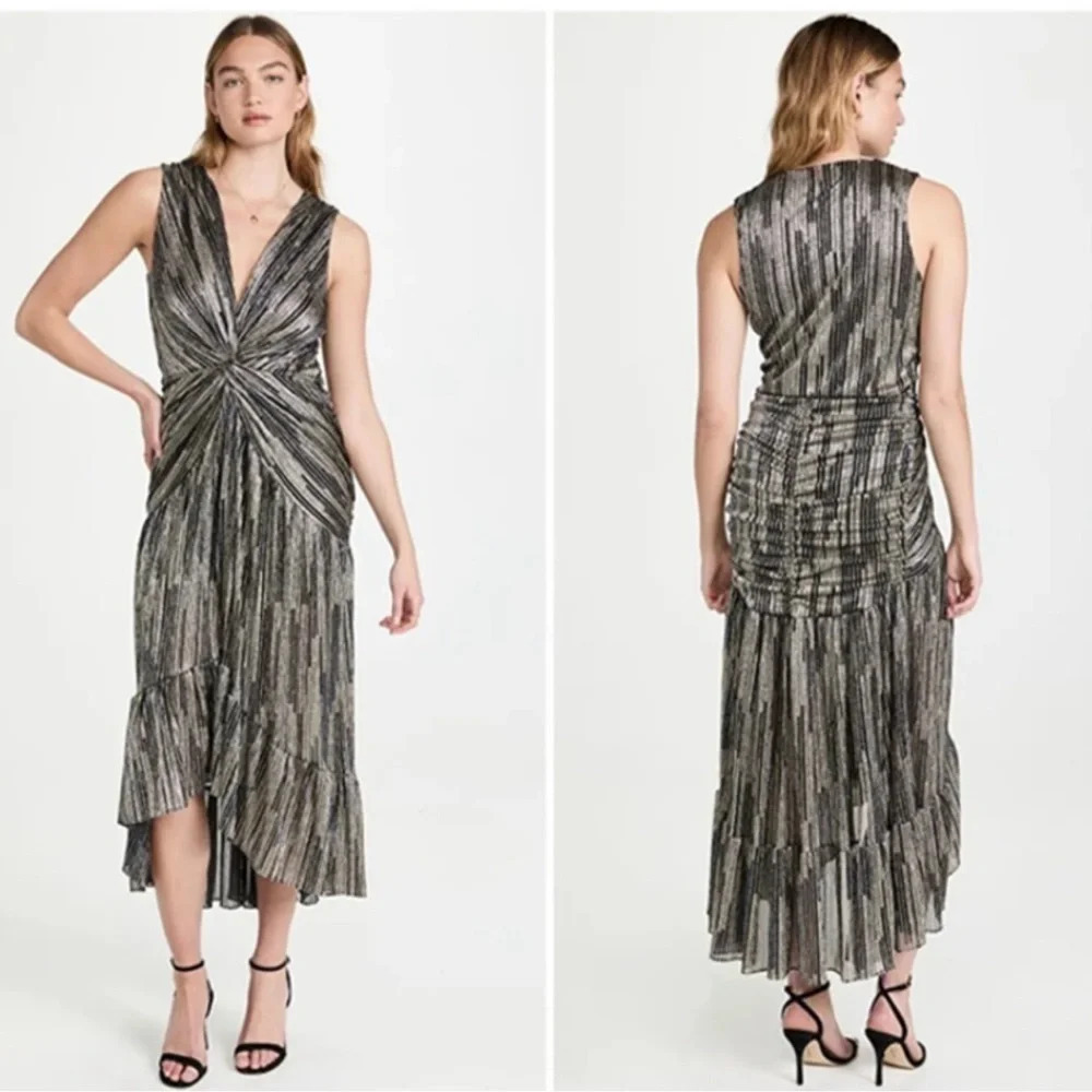 MISA Los Angeles Ava Metallic Plunge Neck High-Low Dress Size XL